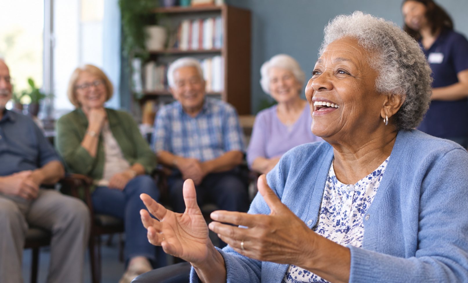 A resident laughing mid-story with a group of neighbours listening around her