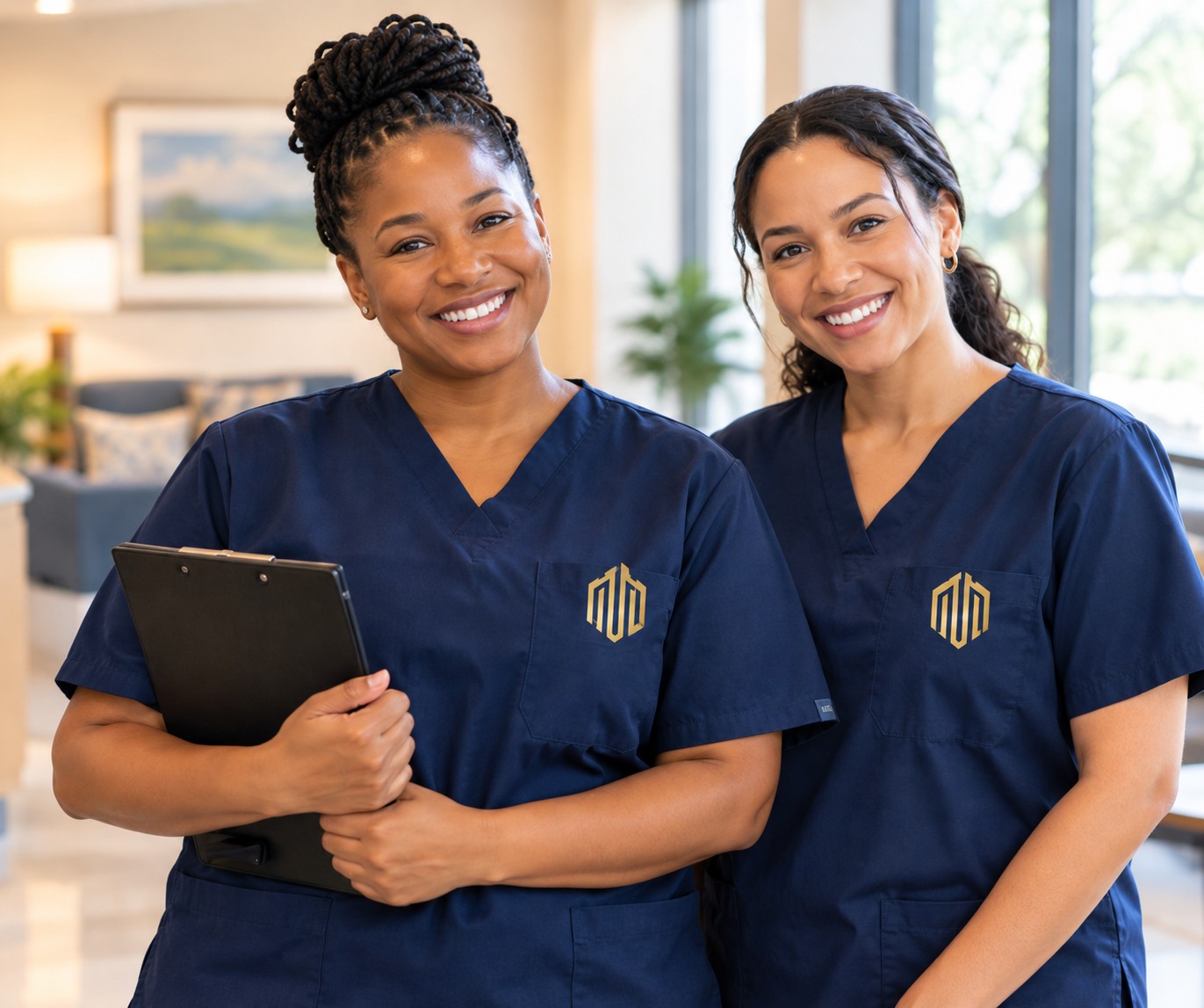 Two nurses in navy scrubs standing together in the lobby, smiling