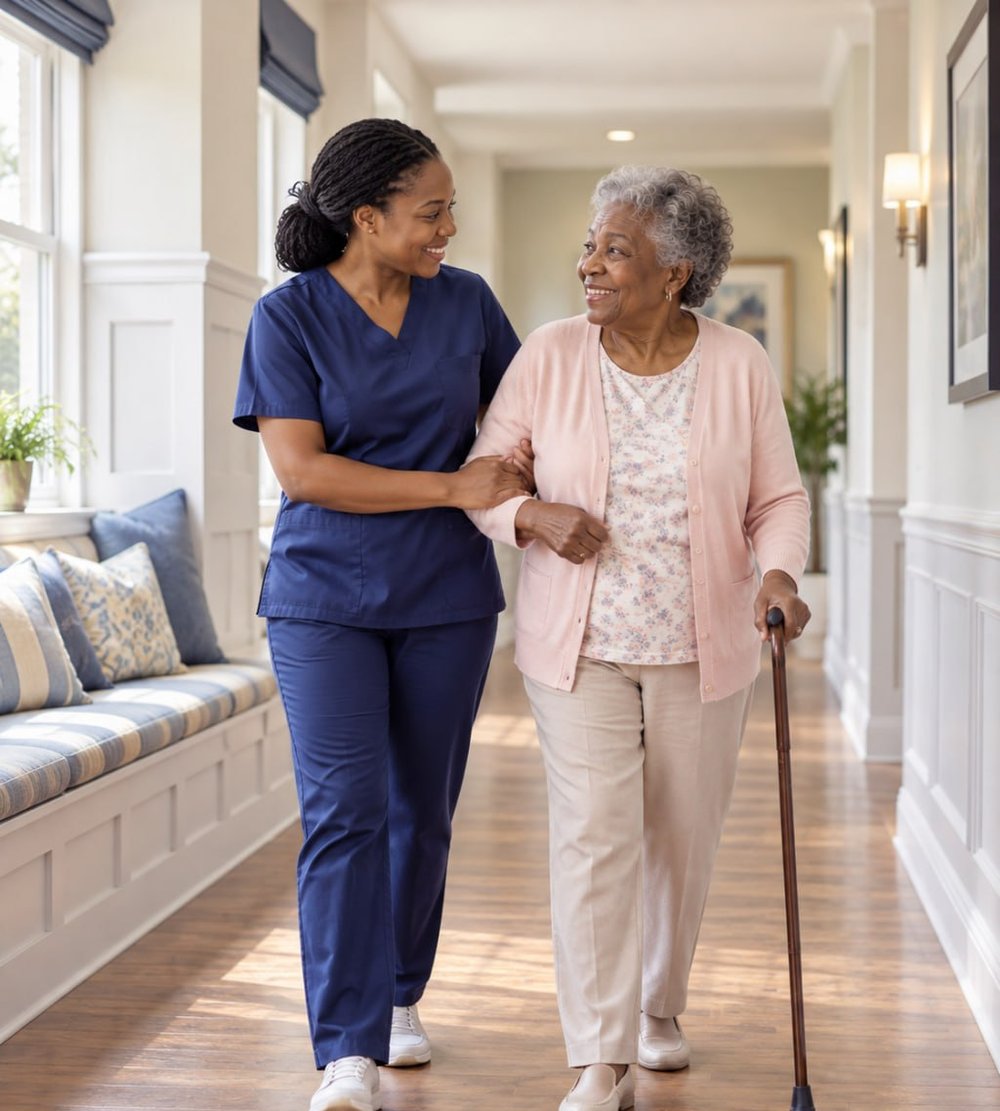 A nurse walking arm in arm with a resident down a sunlit hallway
